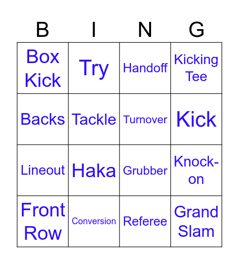 Rugby Bingo Card