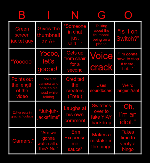 JJJacksfilms Bingo Card