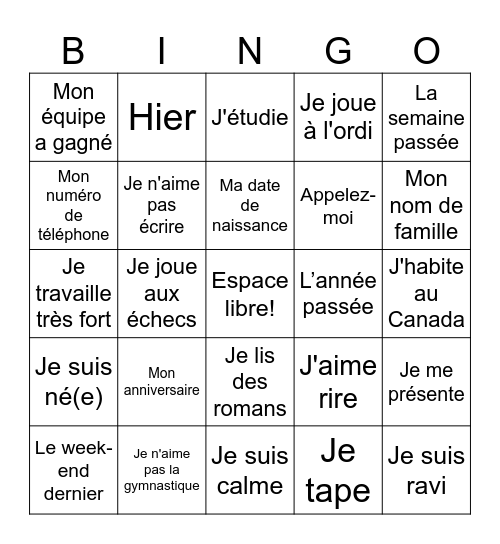 Je me présente Bingo Card