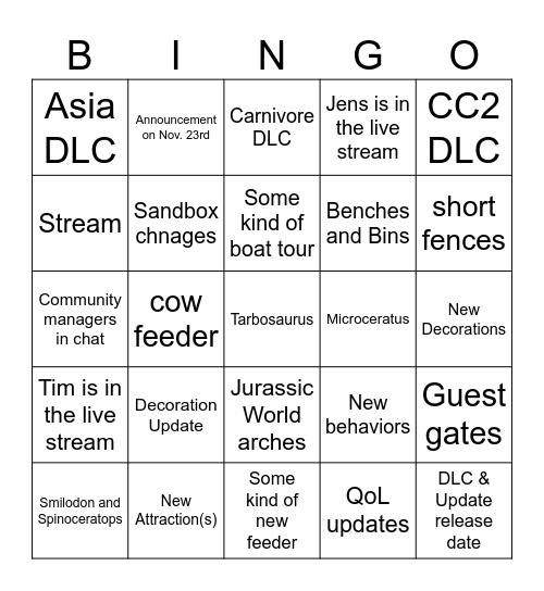 Jurassic World Evolution 2 DLC and Update 8 Bingo Card