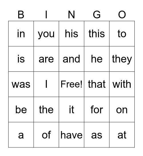 Sight Words Bingo Card