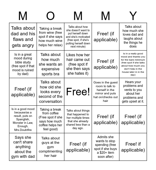 Mom Being Predictable Bingo Card
