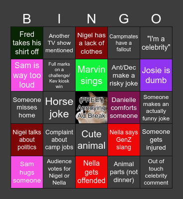 I'm a Celeb Bingo Card