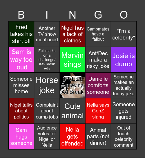 I'm a Celeb Bingo Card