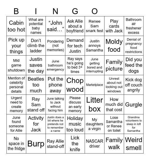 Cabin Bingo Card