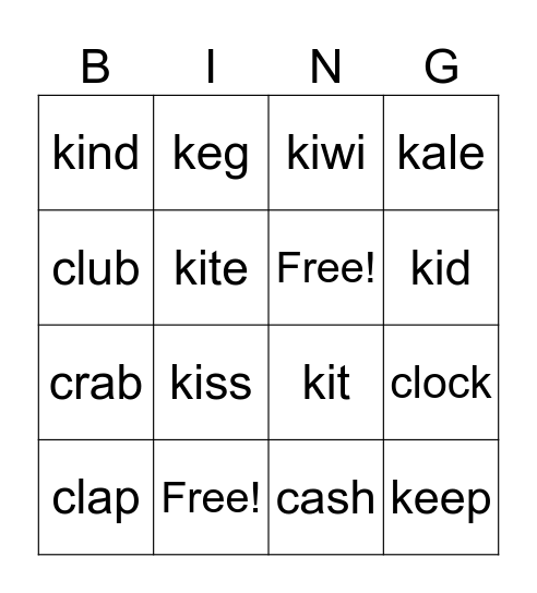 'c goes with a,o,u'  'k goes with i,e' Bingo Card