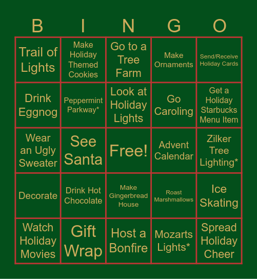 Holiday Activity Bingo Card
