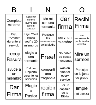 Sabbath Day Bingo Card