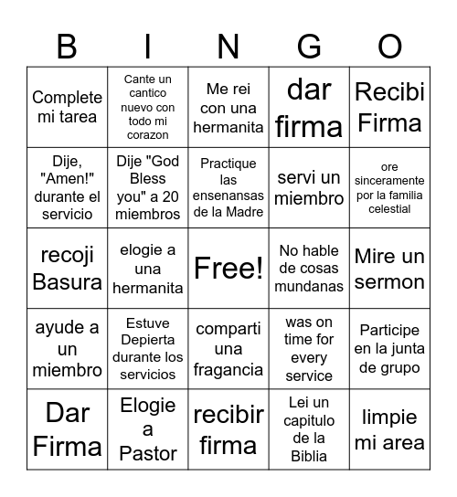 Sabbath Day Bingo Card