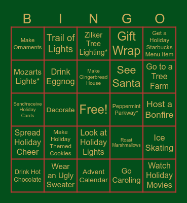 Holiday Activity Bingo Card