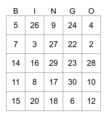 Numeros 0-30 Bingo Card