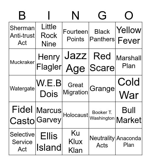 U.S History Vocabulary  Bingo Card