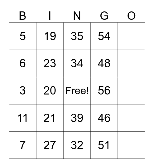 Number Bingo 1-60 Bingo Card