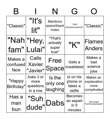 Noah Bingo Card