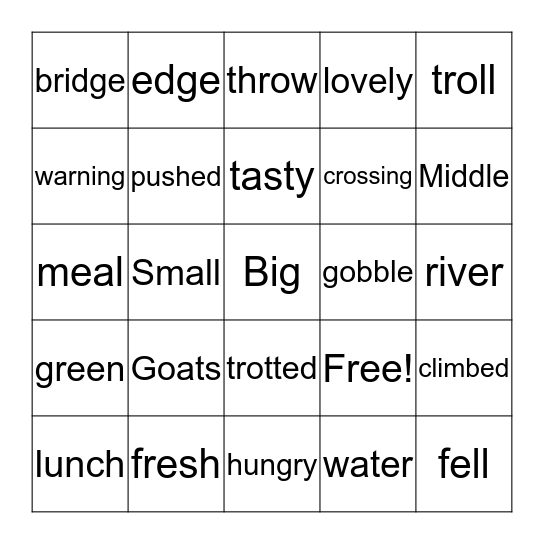 Word Grid Game Board - "The Three Billy Goats" Bingo Card