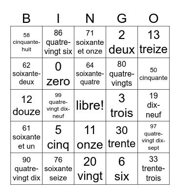 Les numeros Bingo Card