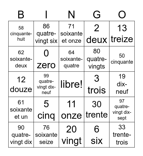 Les numeros Bingo Card