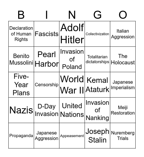 10th Grade Global Bingo Card