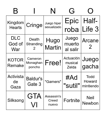 Game Awards 2023 Bingo Card