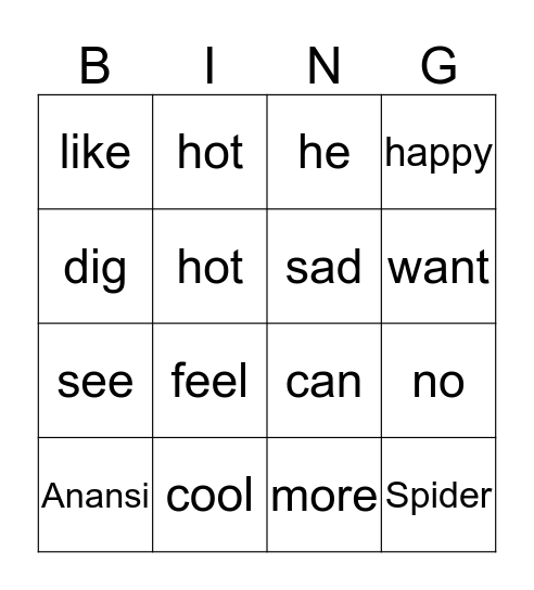Anansi Bingo Card