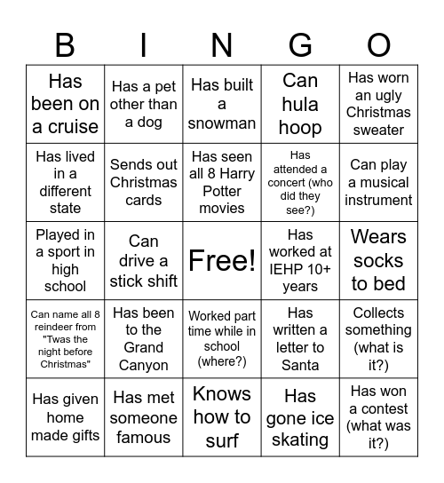 CRC Christmas Bingo Card