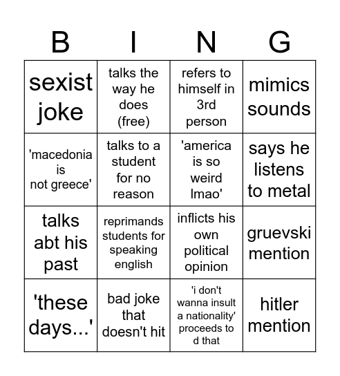 Bojan Istorija Bingo Card