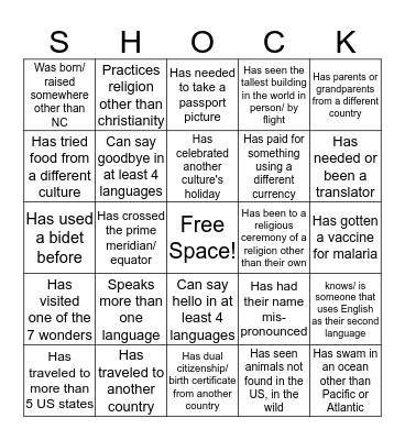 Culture SHOCK Bingo Card