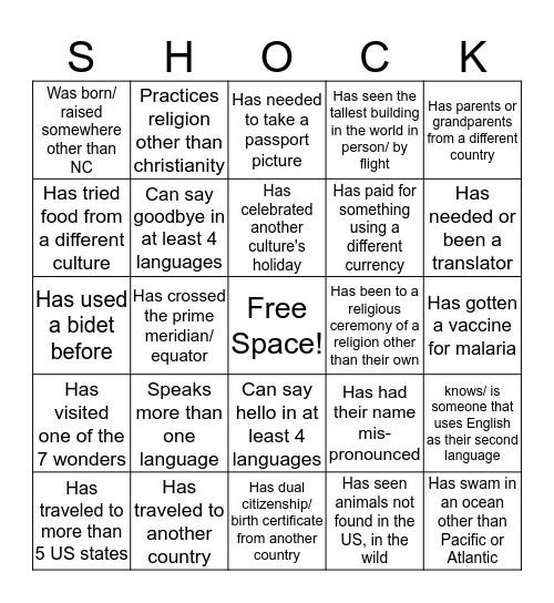 Culture SHOCK Bingo Card