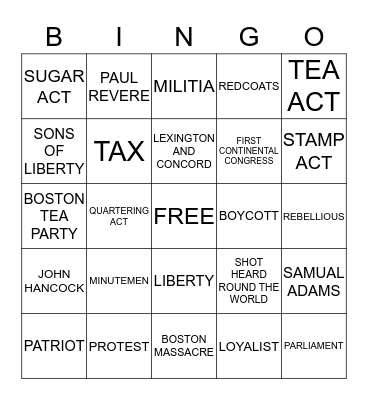 THE ROAD TO REVOLUTION Bingo Card