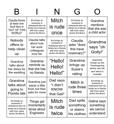 Stern Thanksgiving Bingo Card