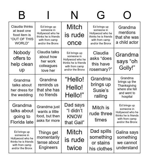 Stern Thanksgiving Bingo Card