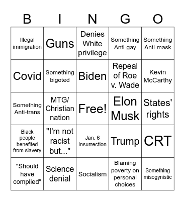 Confrontational Bingo Card