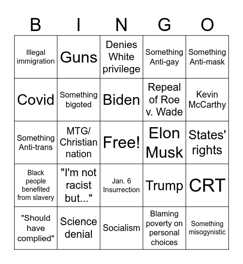 Confrontational Bingo Card