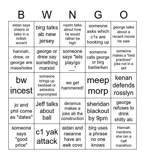 BW holiday gala 2023 Bingo Card