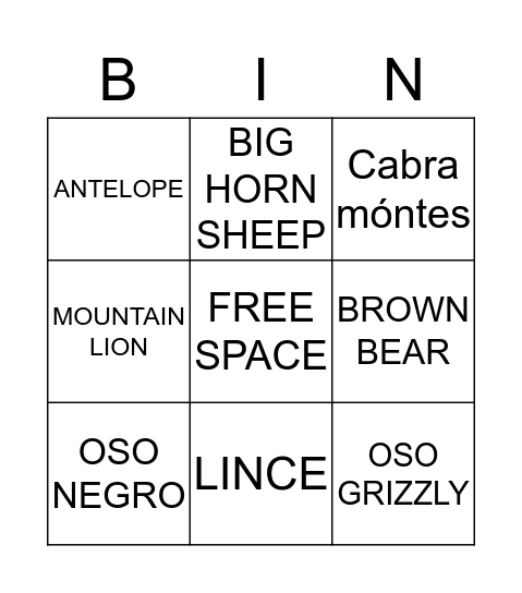 Spanish mountain animals bingo Card