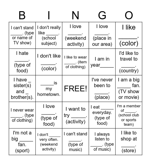 What do we have in common? Bingo Card