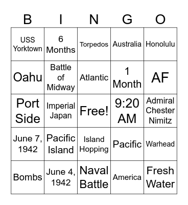 Battle of Midway Bingo Card