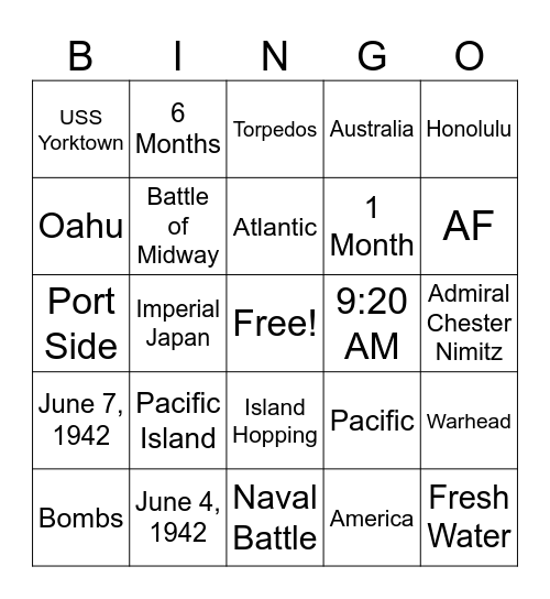 Battle of Midway Bingo Card