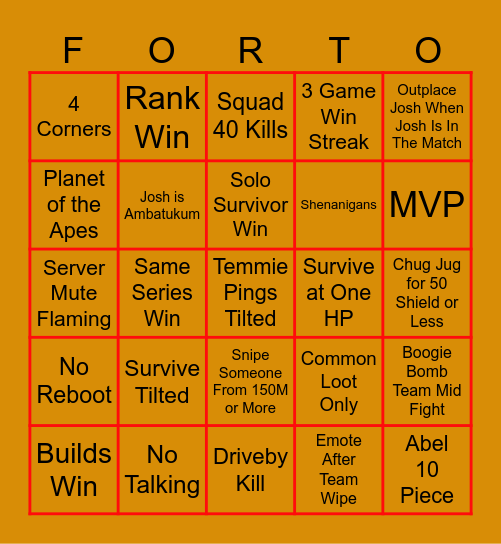 Abels Fortnite BIngo Card Bingo Card