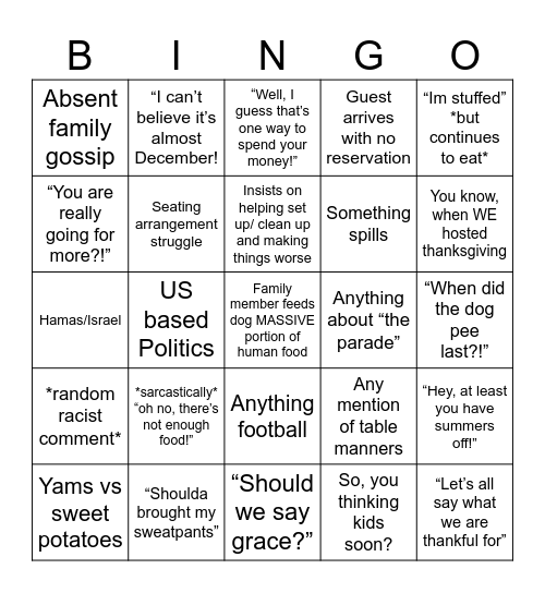 Thanksgiving Bingo Card