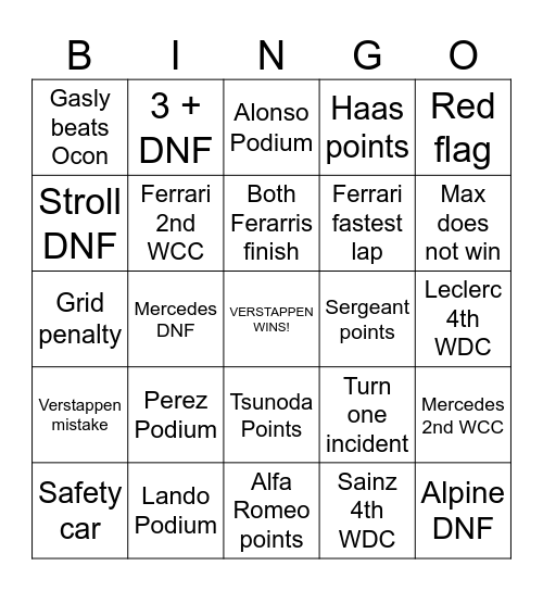 Abu Dhabi Grand Prix 2023 Bingo Card