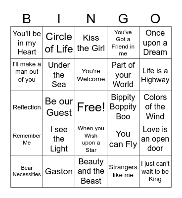 Disney Songs Bingo Card