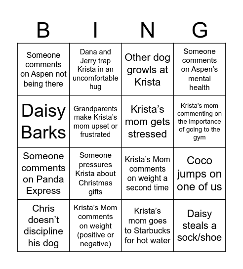 Kroiss Thanksgiving Bingo Card