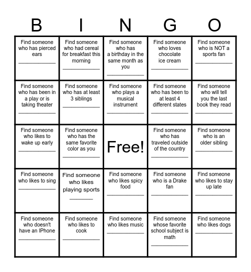 Find a Friend Bingo Card