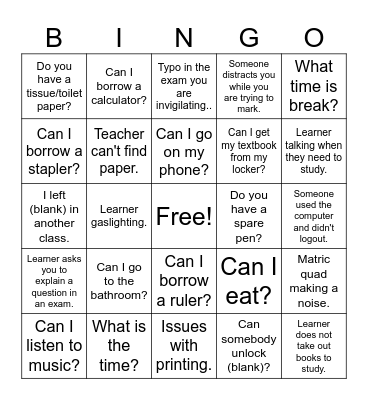 Exam time Bingo Card