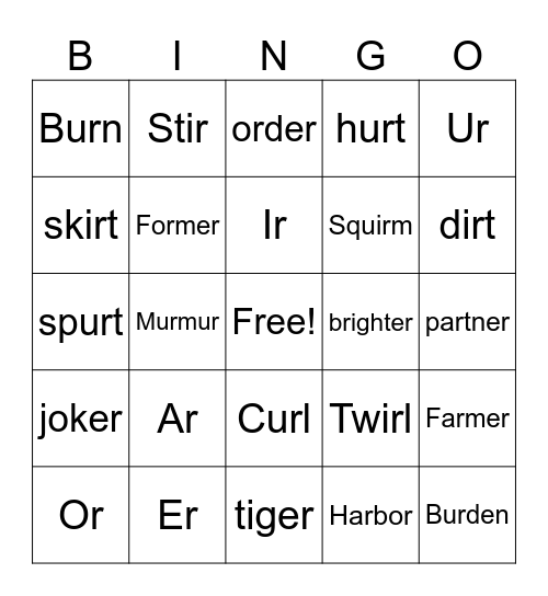 Bossy R bingo Card