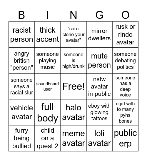 vrchat bingo Card