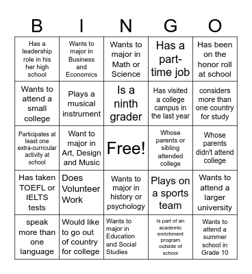 College Bound Bingo Card