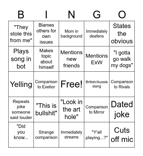 Lord Exetior Bingo Card