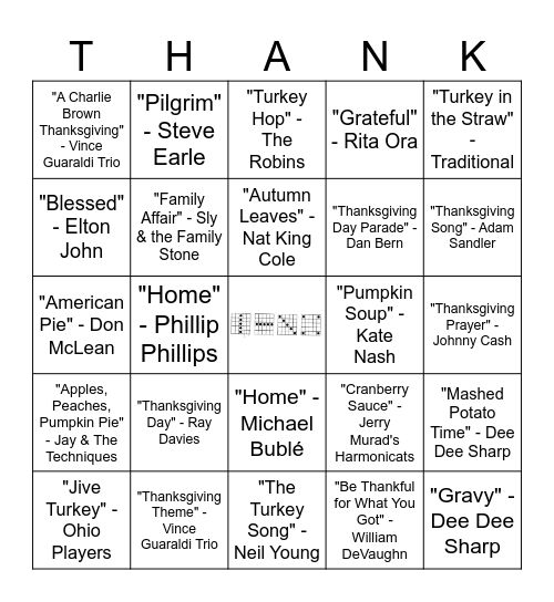 THANKSGIVING MUSIC BINGO Card